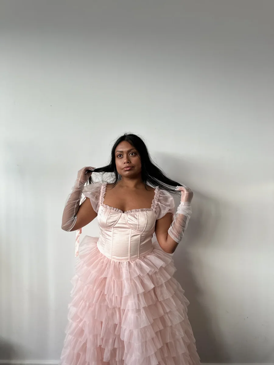 Amy Jane London Pink Kitty Fairytale Satin Corset Bodice Tiered Tulle Hem Maxi Gown Dress - Imagen 9