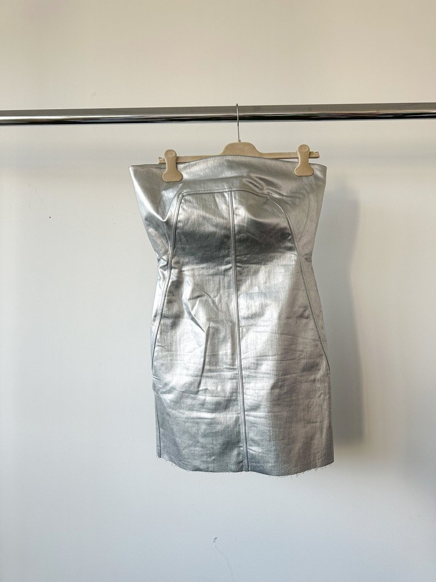Rick Owens Metallic Coated Denim Bustier Strapless Party Mini Dress - Imagen 5