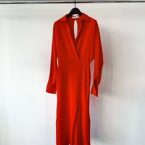 Victoria Beckham Red Collared Wrap Style V-Neck Midi Dress