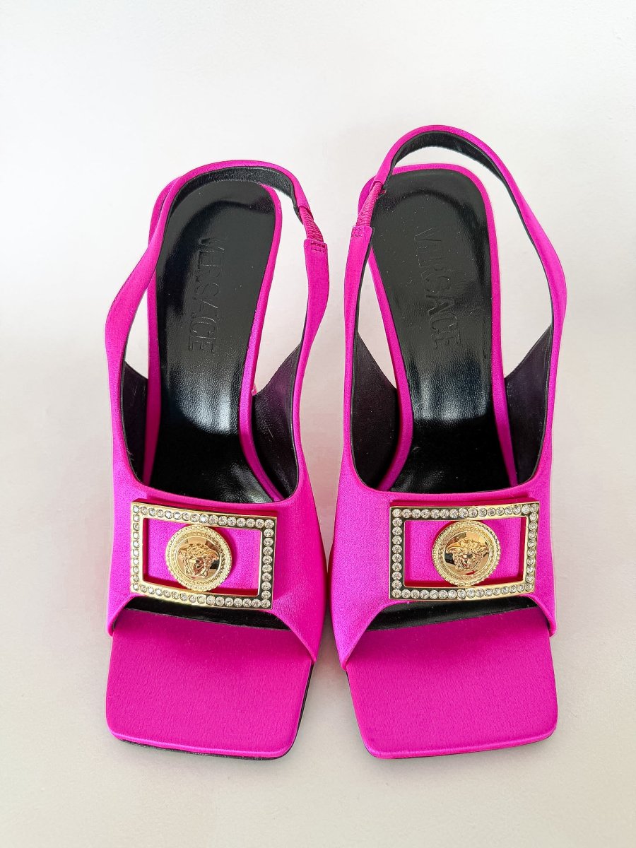Versace Medusa Plaque Satin Fuchsia Slingback Sandals - Imagen 8