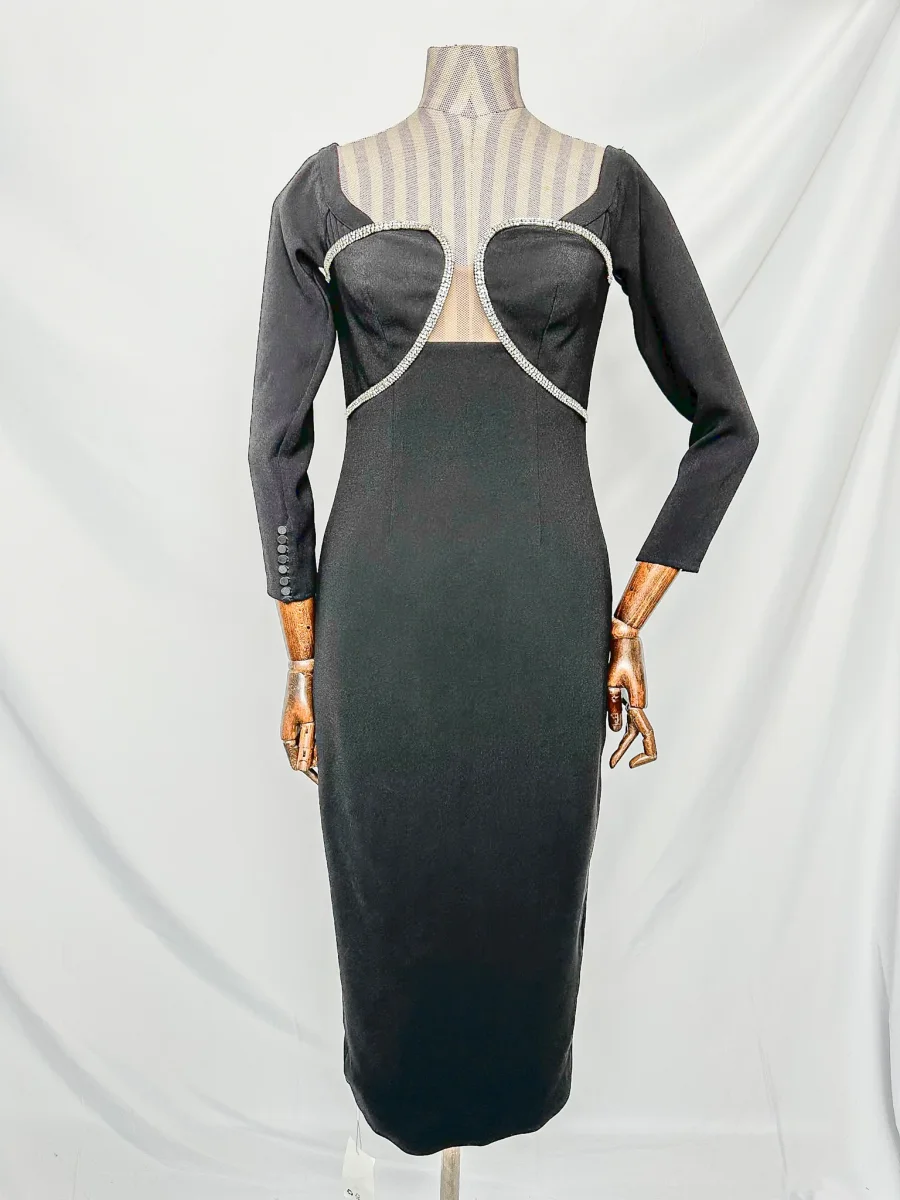 Self-Portrait Black Crepe Crystal Embellished Midi Dress - Imagen 4