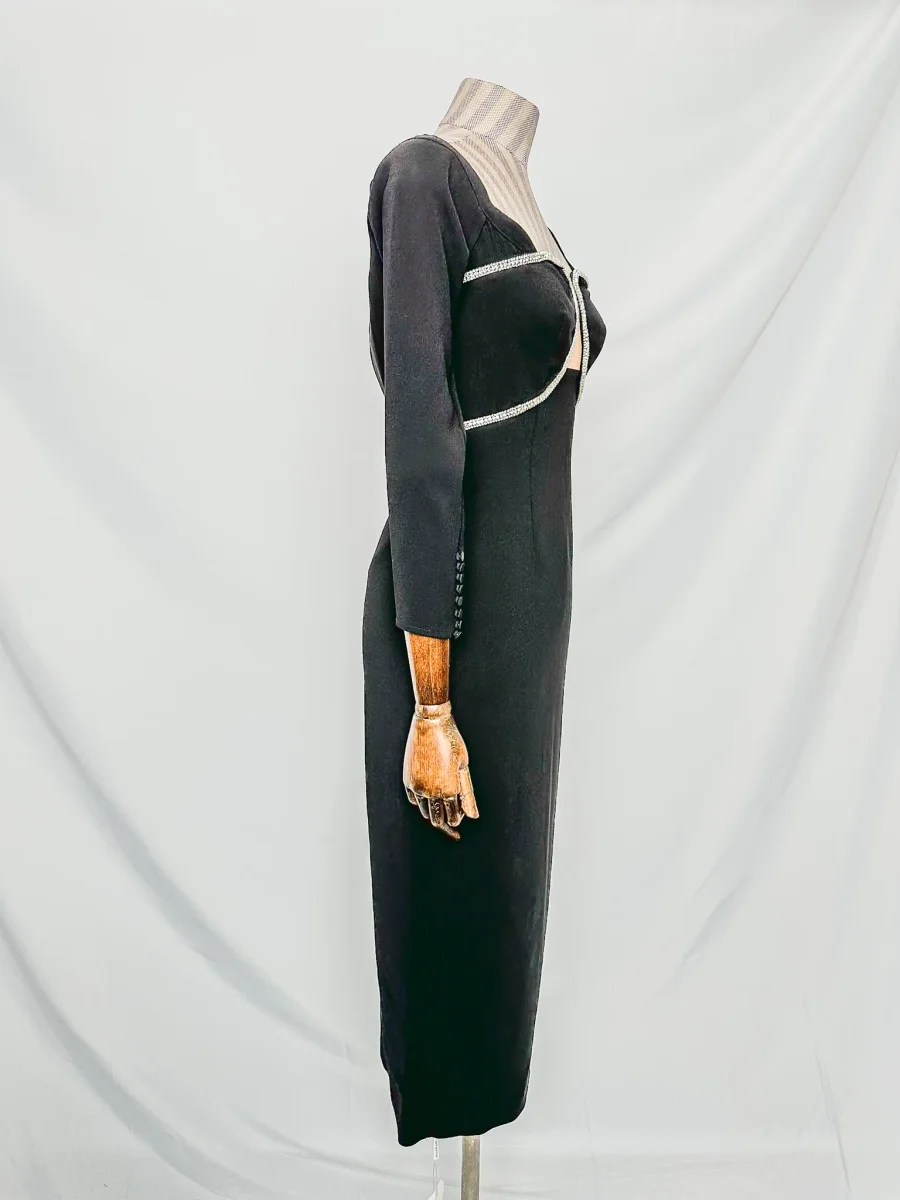 Self-Portrait Black Crepe Crystal Embellished Midi Dress - Imagen 8
