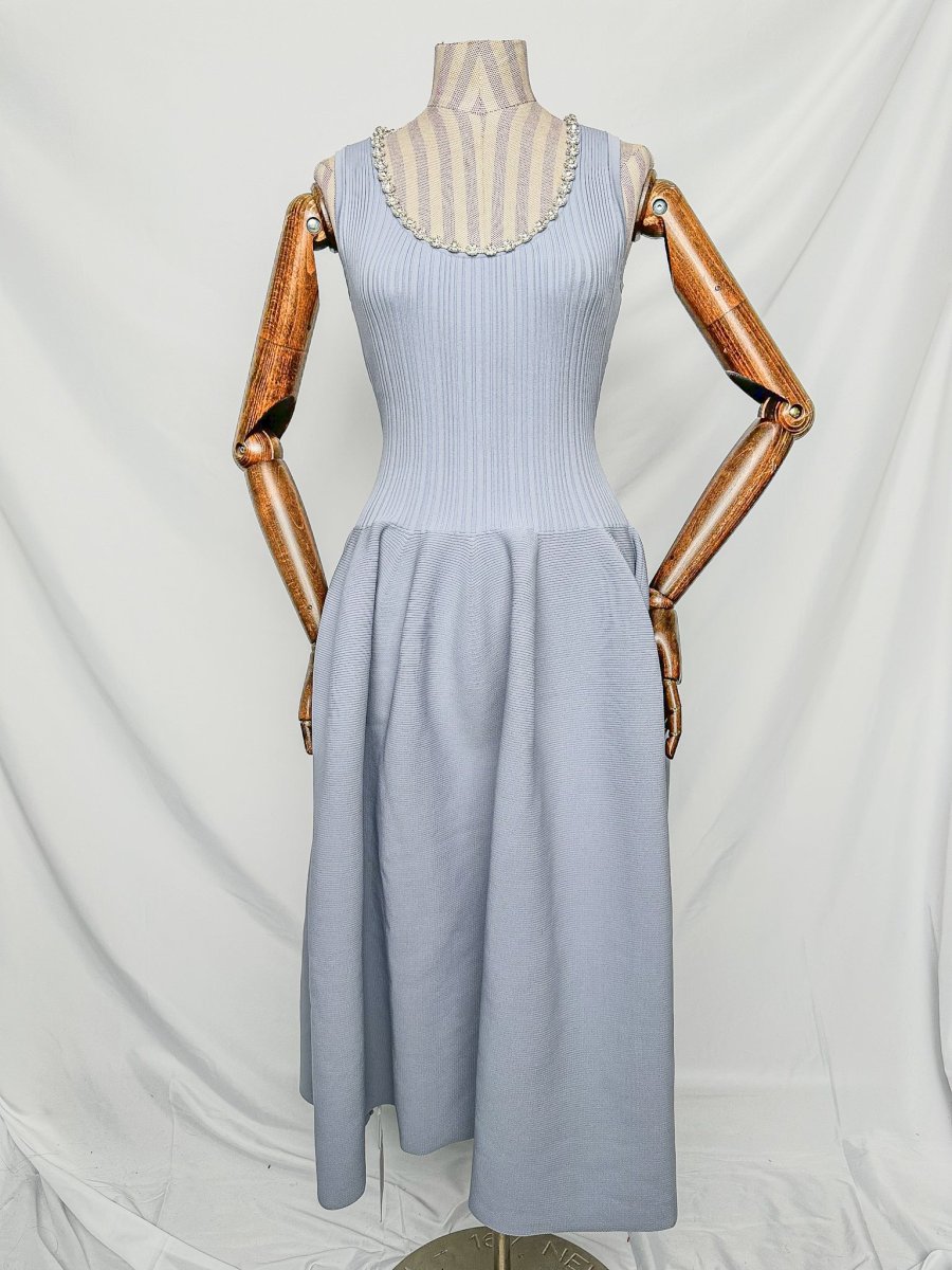 Self-Portrait Light Blue Crystal Embellished Ribbed Stretch Knit Midi Dress - Imagen 5