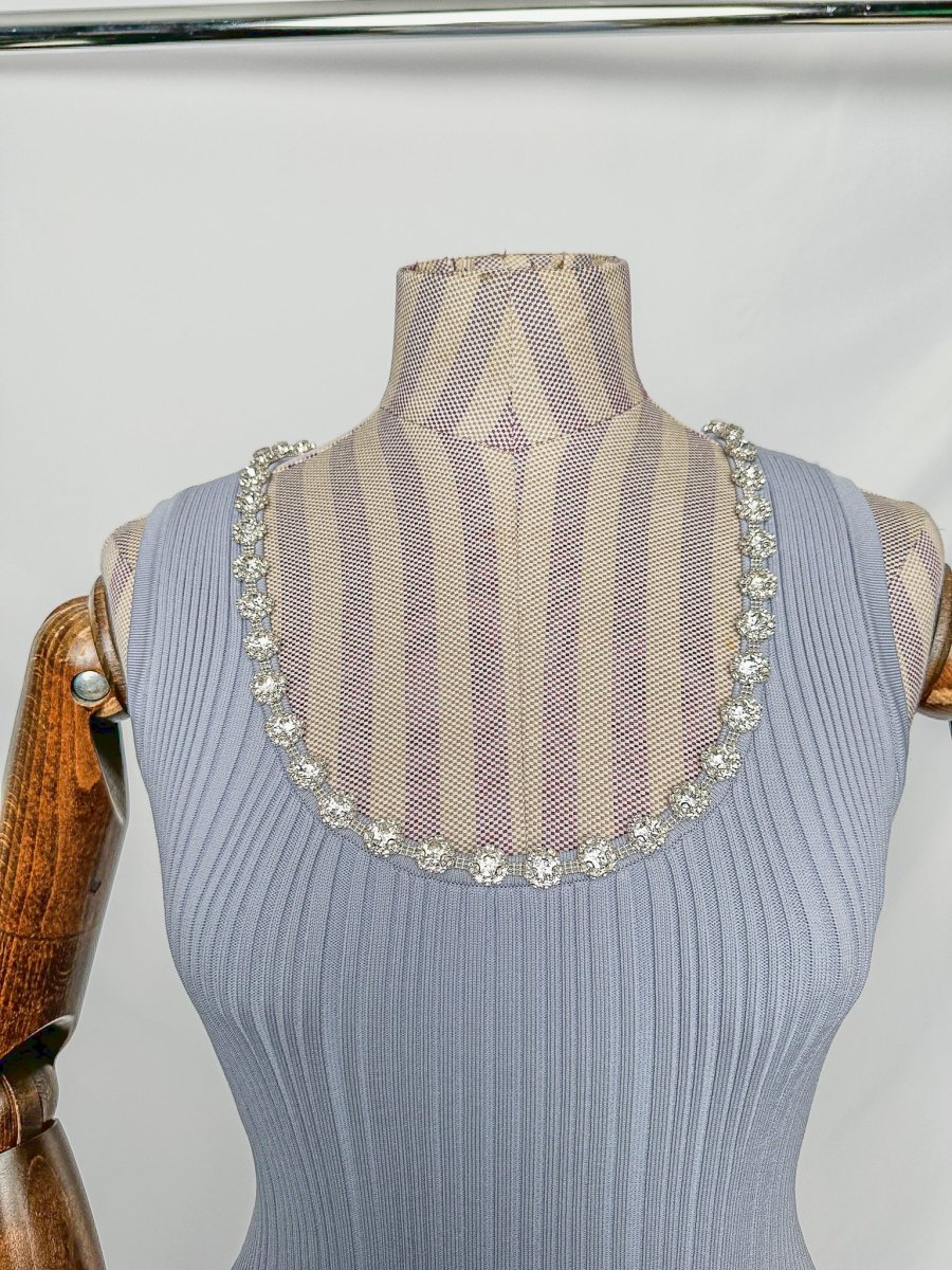 Self-Portrait Light Blue Crystal Embellished Ribbed Stretch Knit Midi Dress - Imagen 6