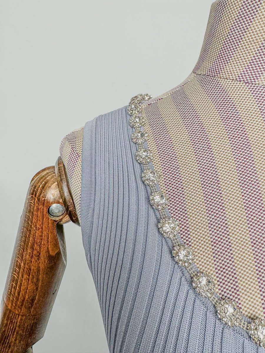 Self-Portrait Light Blue Crystal Embellished Ribbed Stretch Knit Midi Dress - Imagen 7