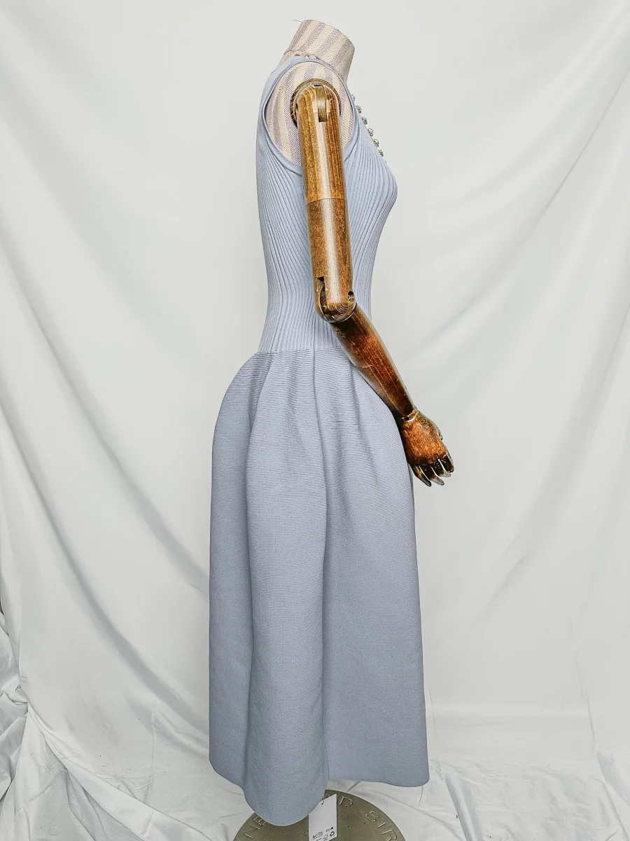 Self-Portrait Light Blue Crystal Embellished Ribbed Stretch Knit Midi Dress - Imagen 8