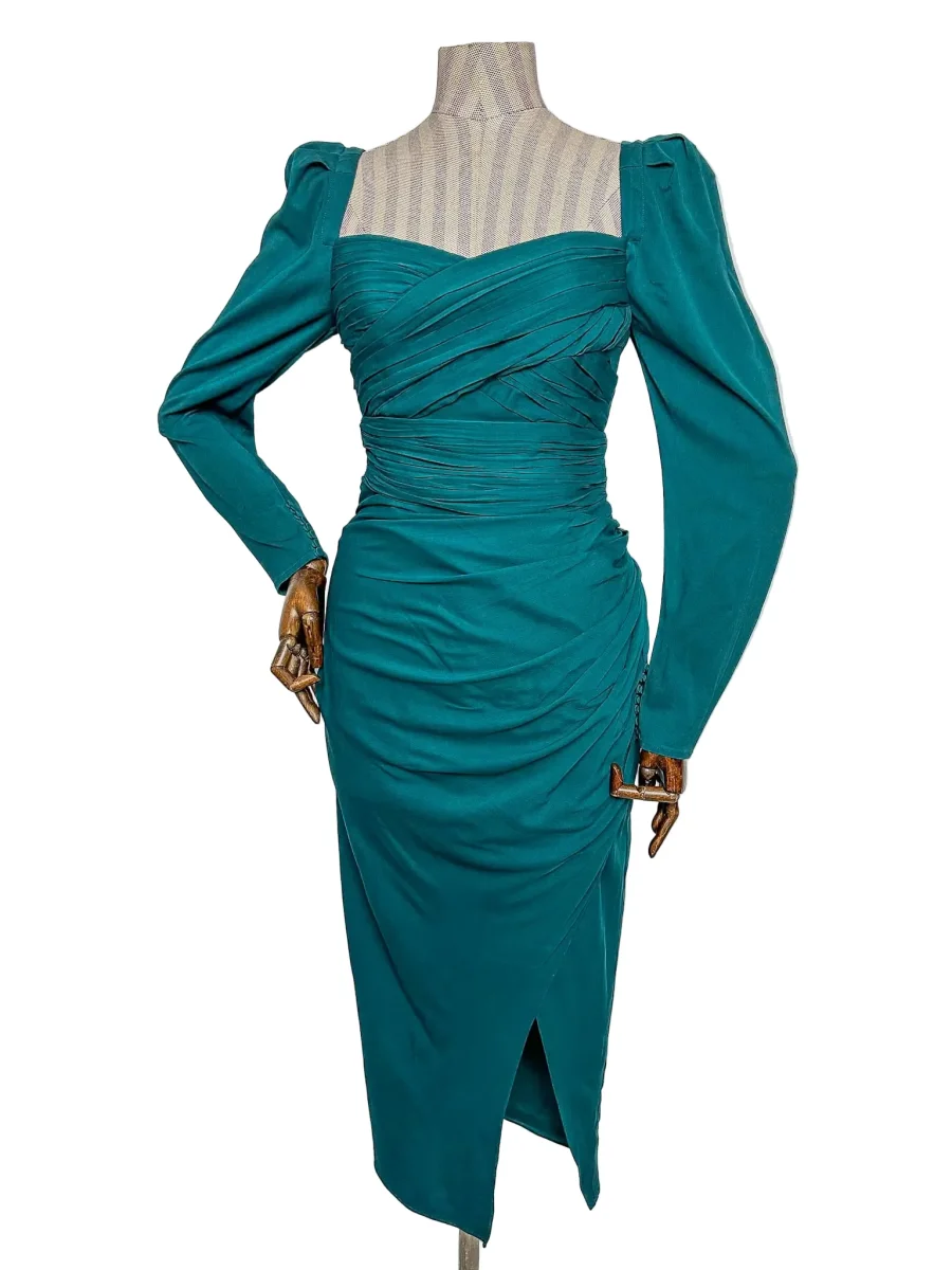 Self-Portrait Teal Sweetheart Neck Ruched Long Sleeve Midi Dress - Imagen 4