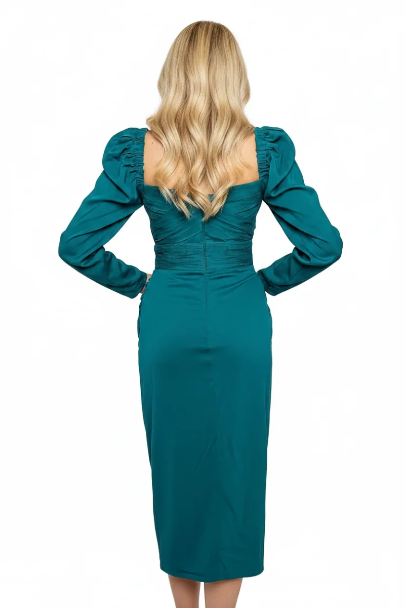 Self-Portrait Teal Sweetheart Neck Ruched Long Sleeve Midi Dress - Imagen 3