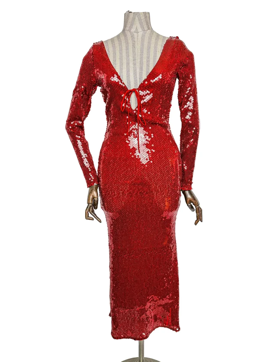 Bardot Red Sequinned Strappy Open Back Midi Dress - Imagen 3