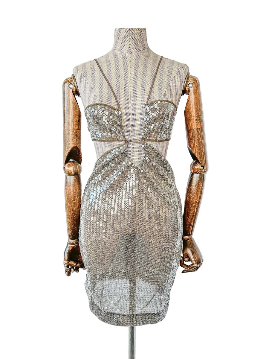 Nensi Dojaka Brown Sequin Cut-Out Mini Dress