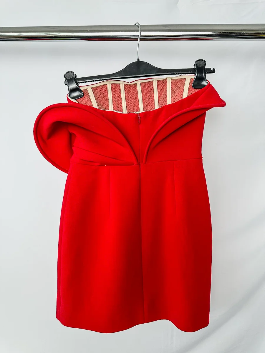 Magda Butrym Red Sculptural Rose Floral Appliquéd Wool Blend Corset Mini Dress - Imagen 7