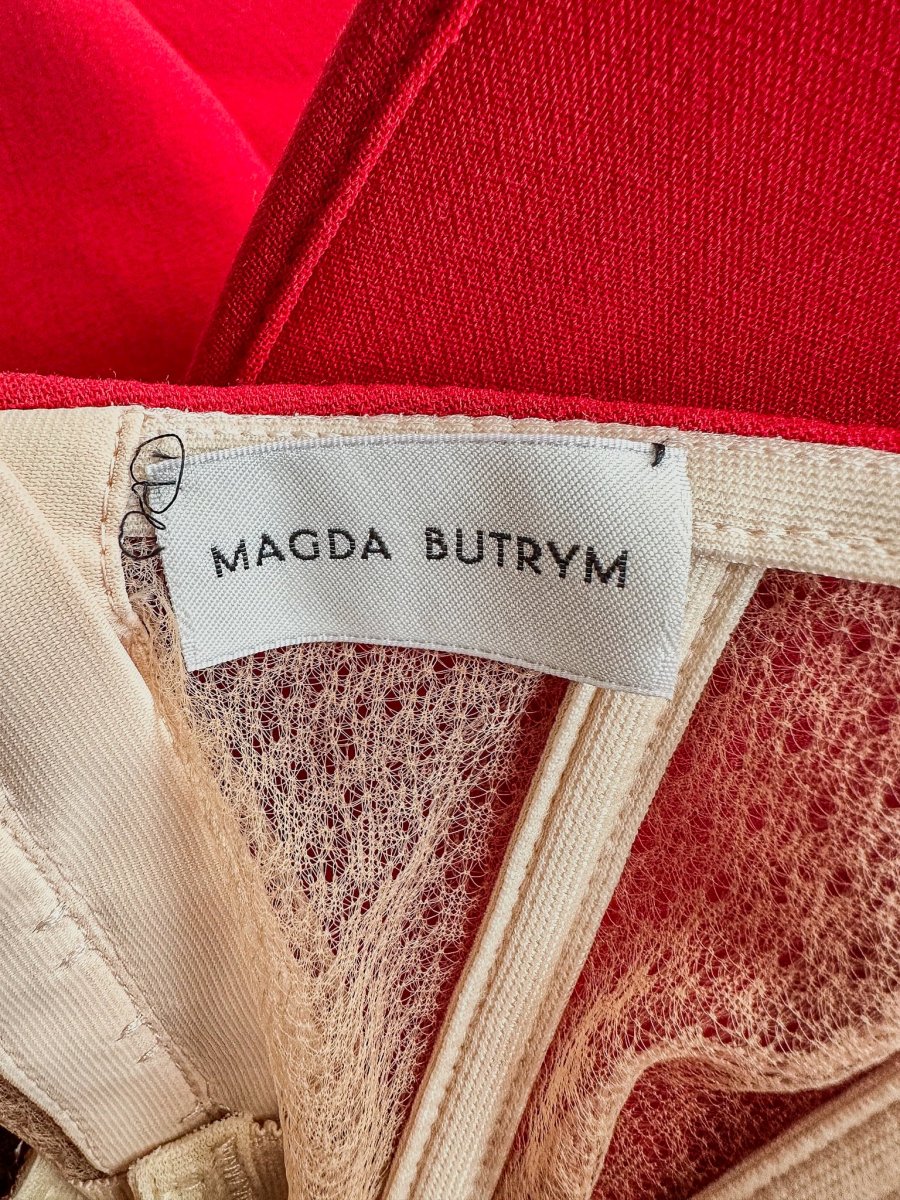 Magda Butrym Red Sculptural Rose Floral Appliquéd Wool Blend Corset Mini Dress - Imagen 9