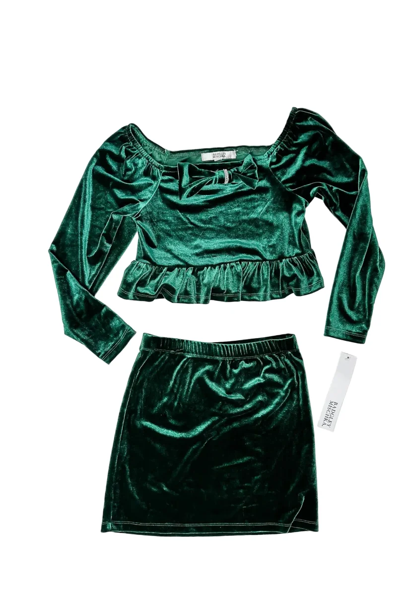 Badgely Mischka Girls Velvet Emerald Green Bow Front Blouse & Skirt 2-Piece Set - Imagen 2