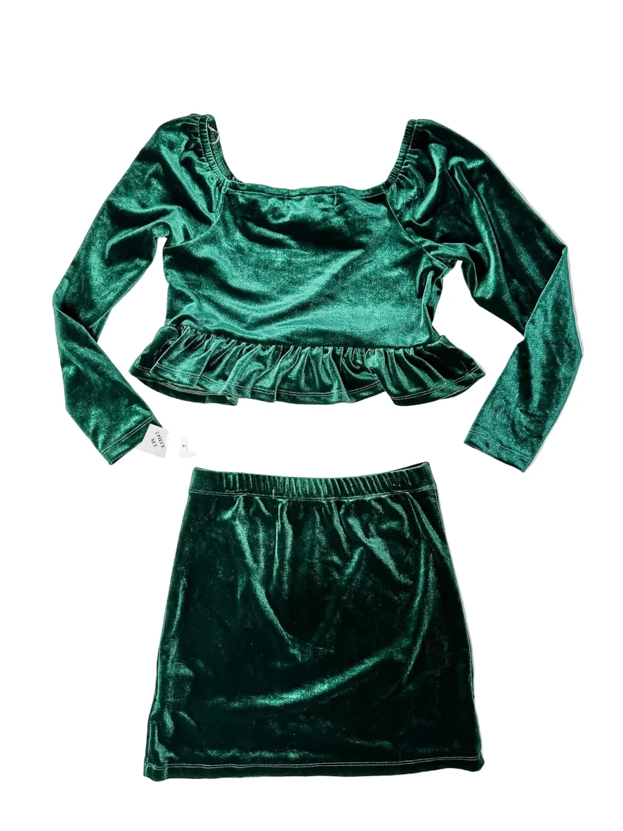 Badgely Mischka Girls Velvet Emerald Green Bow Front Blouse & Skirt 2-Piece Set - Imagen 3