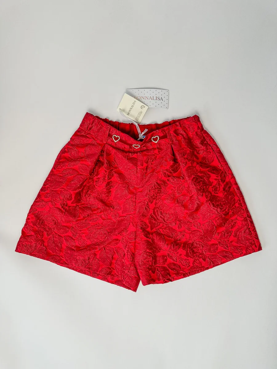 Monnalisa Girls Red Diamanté Heart Floral Brocade Shorts - Imagen 3