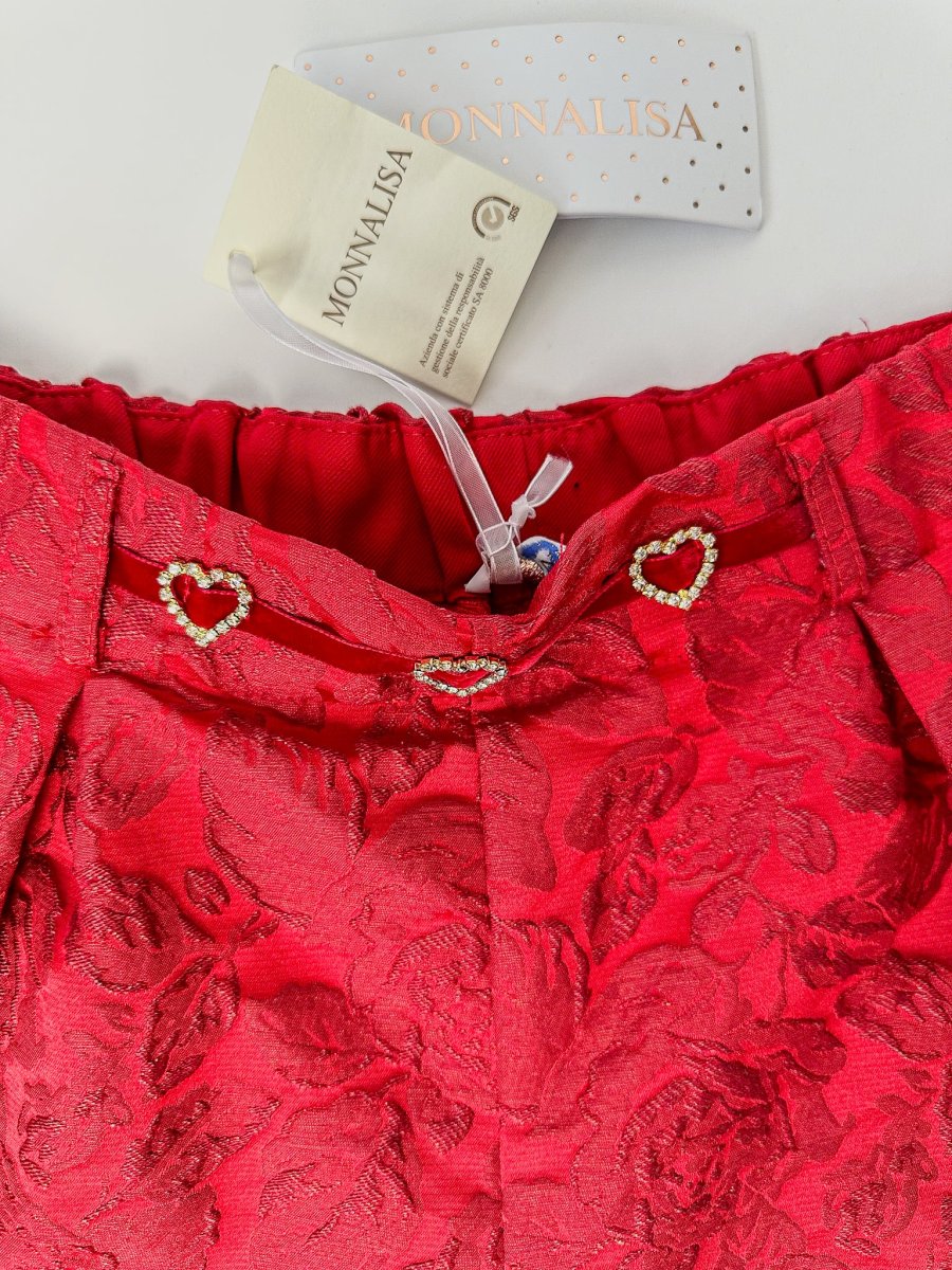 Monnalisa Girls Red Diamanté Heart Floral Brocade Shorts - Imagen 4