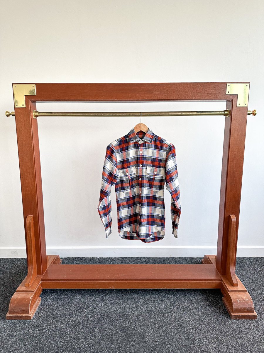 Drake's Milk White Navy Red Check Twill Work Shirt Overshirt