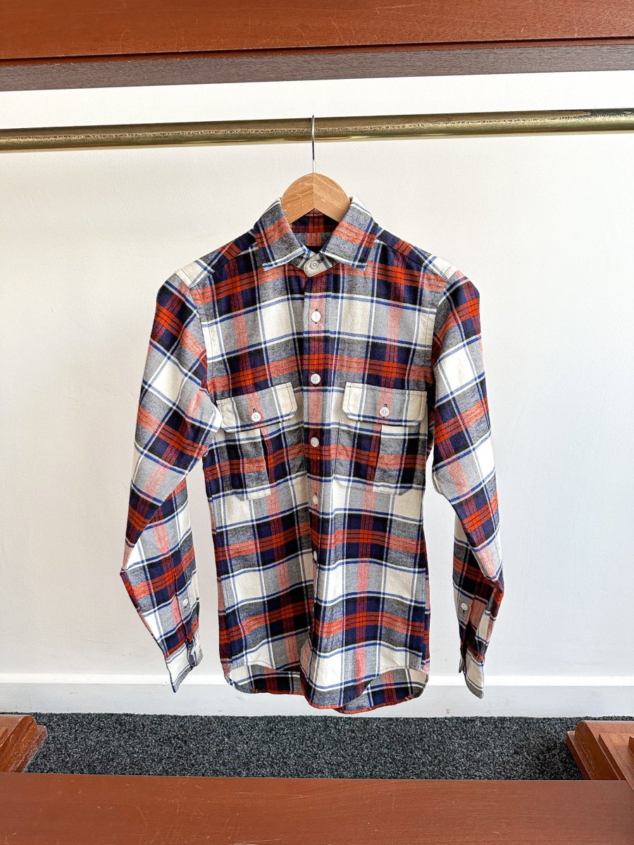 Drake's Milk White Navy Red Check Twill Work Shirt Overshirt - Imagen 3