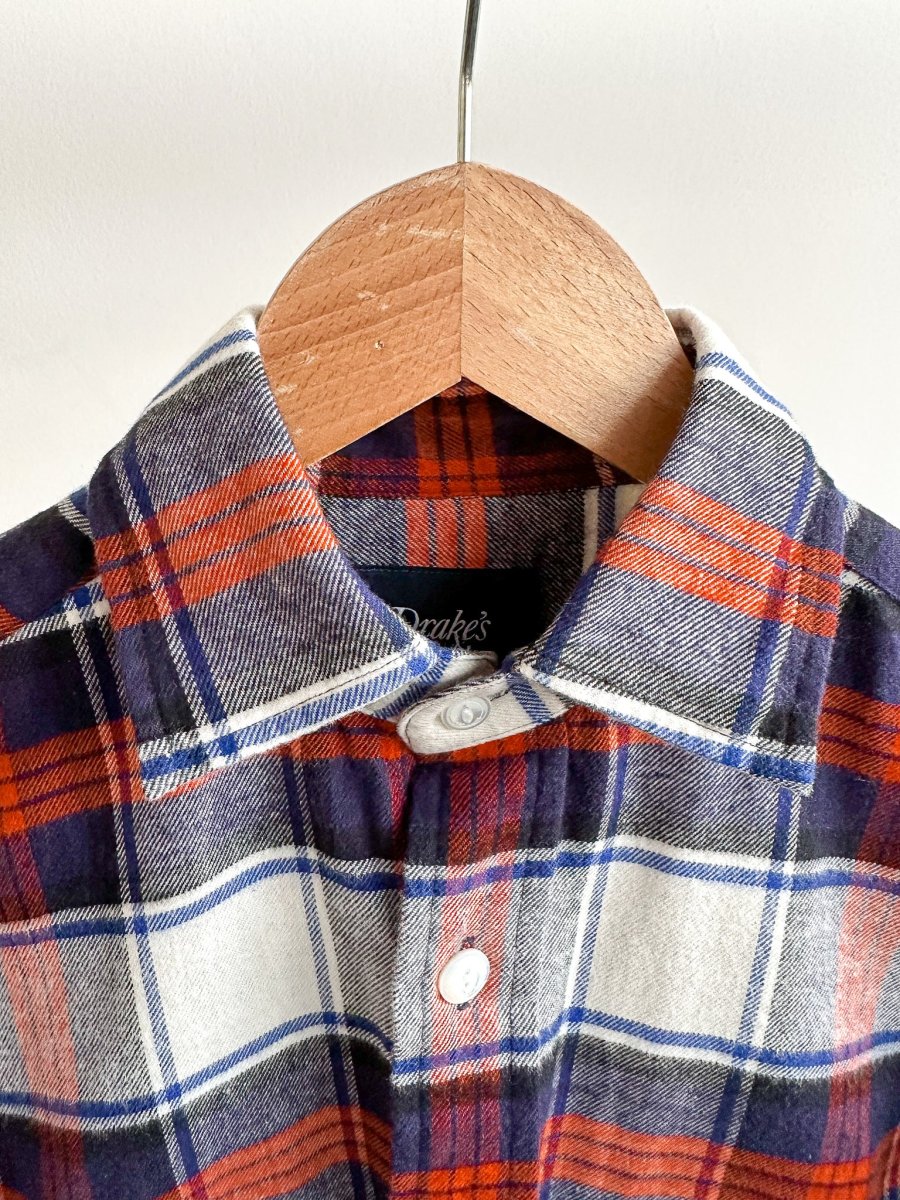 Drake's Milk White Navy Red Check Twill Work Shirt Overshirt - Imagen 4