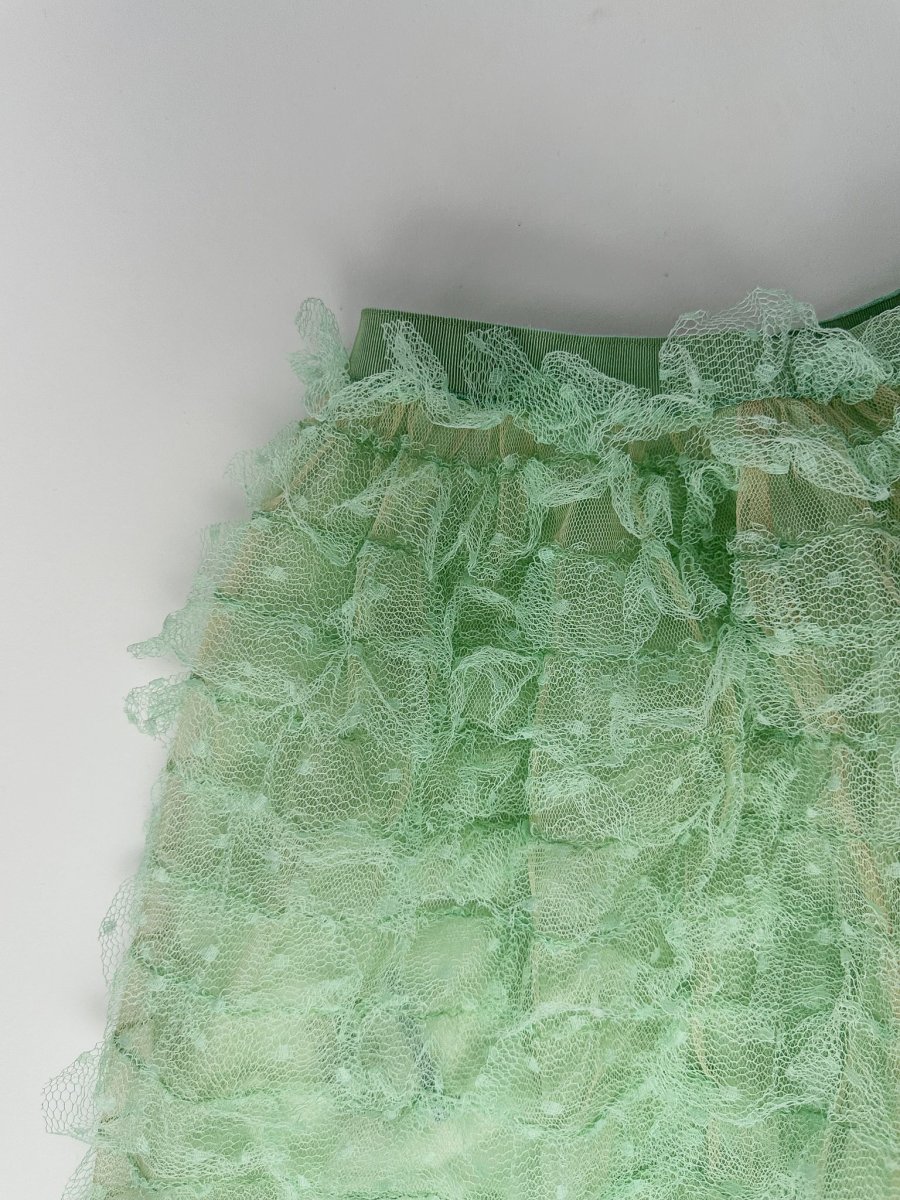 Red Valentino Green Point D’esprit Tulle Ruffle Lace Mini Skirt - Imagen 9