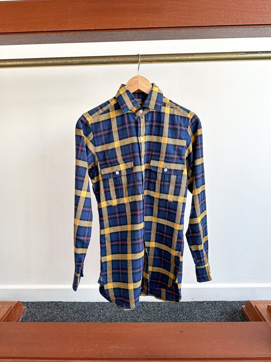 Drake's Navy Yellow Check Twill Work Shirt Overshirt - Imagen 4