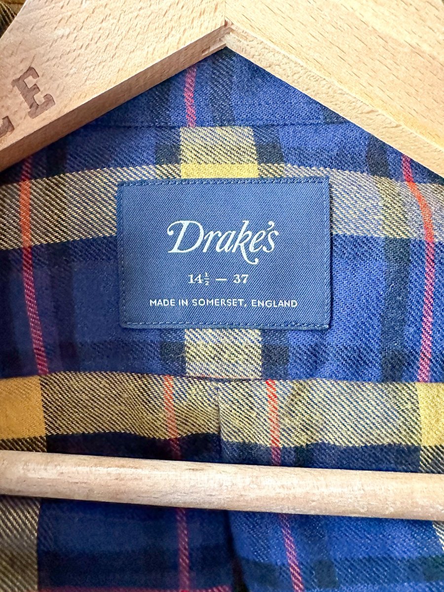 Drake's Navy Yellow Check Twill Work Shirt Overshirt - Imagen 9
