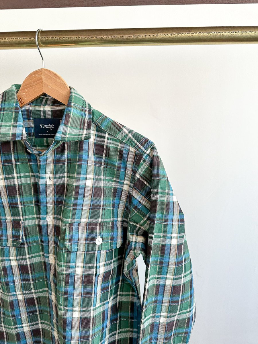 Drake's Check Heavyweight Cotton Green White Work Shirt Jacket - Imagen 6