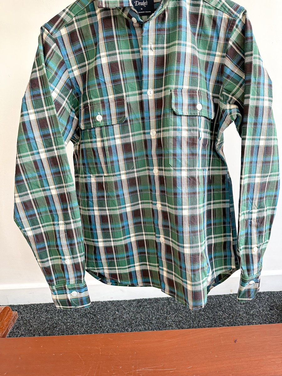 Drake's Check Heavyweight Cotton Green White Work Shirt Jacket - Imagen 7