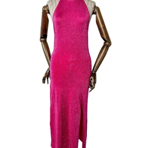 De La Vali Pink Shimmer Halterneck Midi Dress