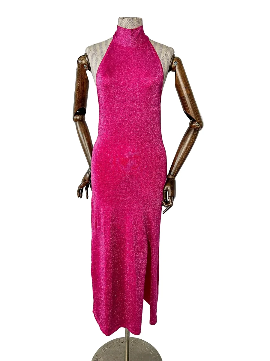 De La Vali Pink Shimmer Halterneck Midi Dress - Imagen 2