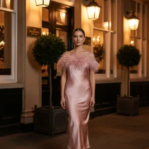 Sleeper Boheme Pink Satin Ostrich Feather Trim Midi Slip Dress