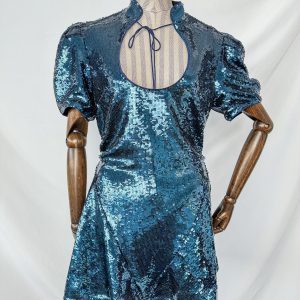 De La Vali Blue Sequinned Keyhole Front Puff Sleeve Mini dress