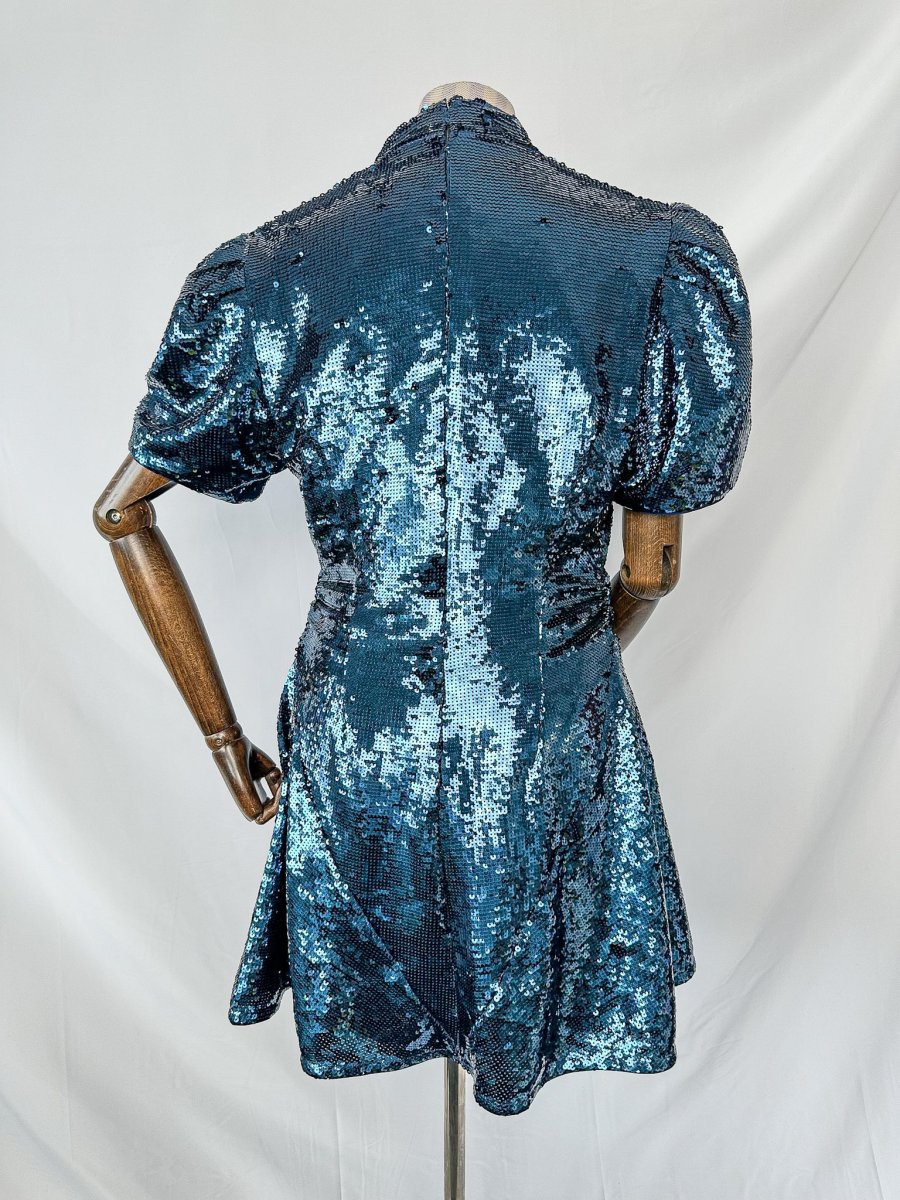 De La Vali Blue Sequinned Keyhole Front Puff Sleeve Mini dress - Imagen 7