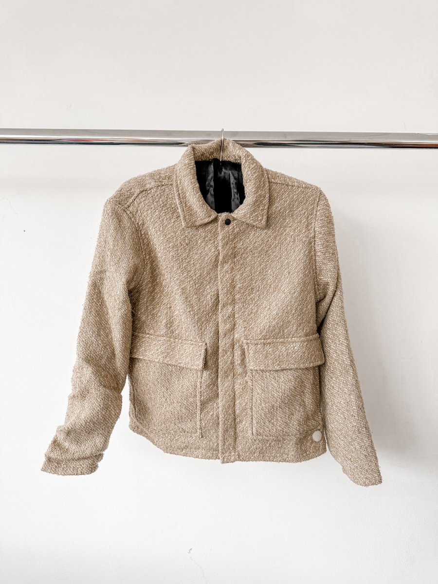 Folk Mens Beige Tweed Patch Pocket Snap Button Shacket Jacket - Imagen 3