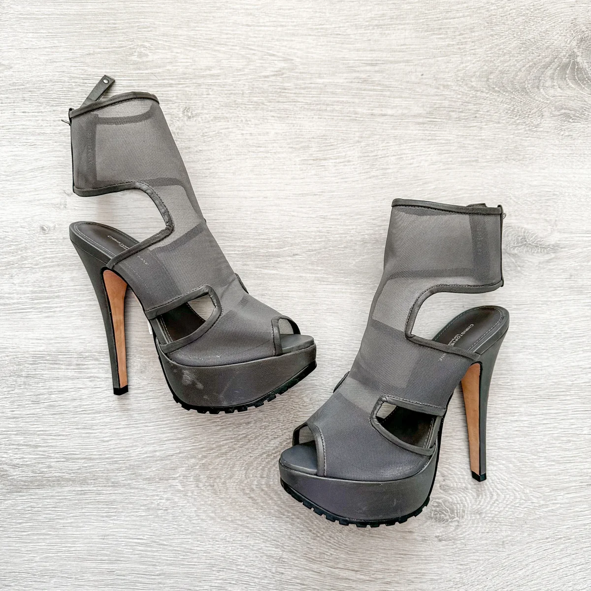 Christopher Kane Grey Mesh Detail Peep Toe Sandal Stilleto High Heel