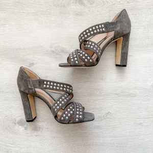 Christopher Kane Hotfix Grey Studded Strappy Embellished Block High Heels