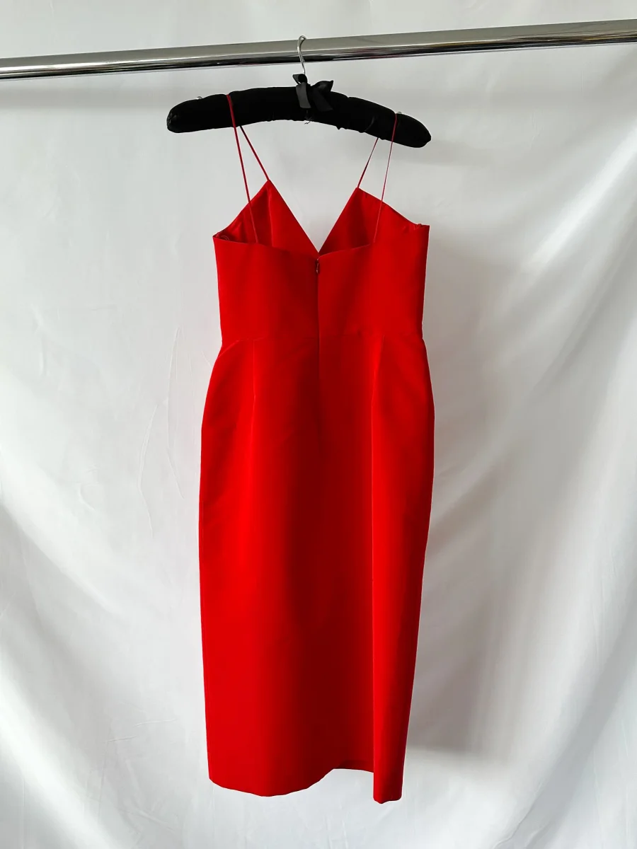 Carolina Herrera Runway Red Wrap Ruched Spaghetti Strap Pencil Silk Dress - Imagen 7