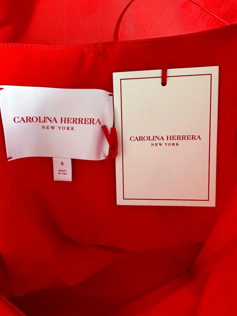 Carolina Herrera Runway Red Wrap Ruched Spaghetti Strap Pencil Silk Dress - Imagen 4