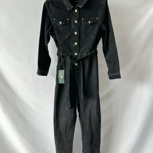 Holland Cooper Denim Gold Button Detail Jumpsuit in Washed Black