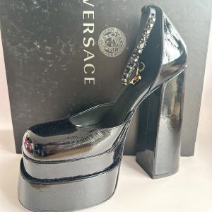 Versace Medusa Aevitas Embellished Black Glossy Patent Leather Platform Pumps