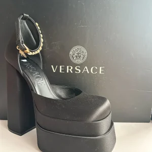 Versace Medusa Charm Aevitas Black Satin Platform Pumps