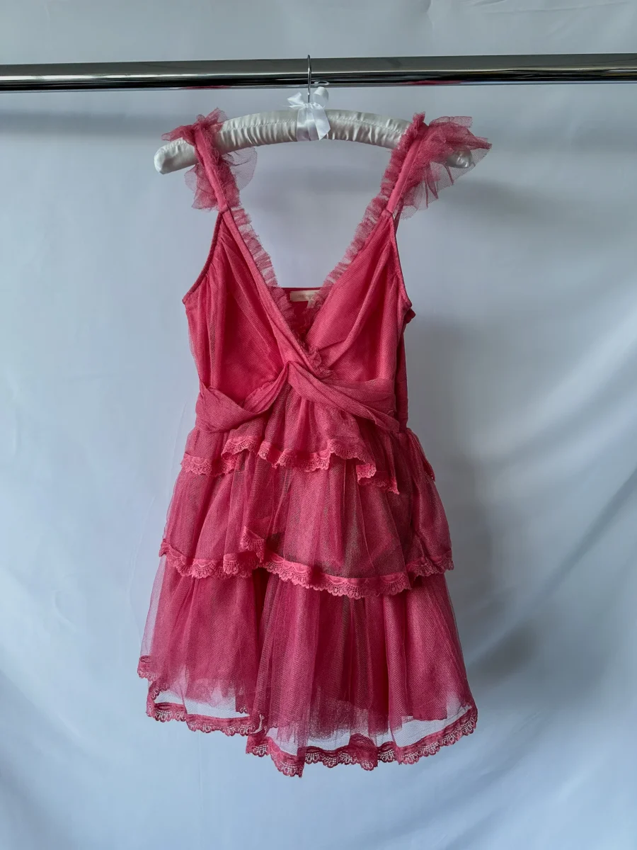 Love Shack Fancy Pink Ruffle V-Neck Zorina Mini Dress - Imagen 3