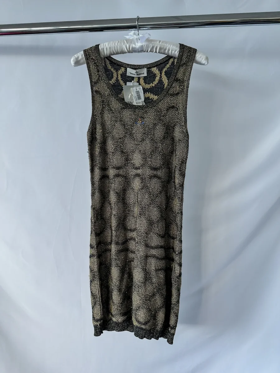Vivienne Westwood Squiggle Print Knit Black Gold Metallic Mini Dress - Imagen 3