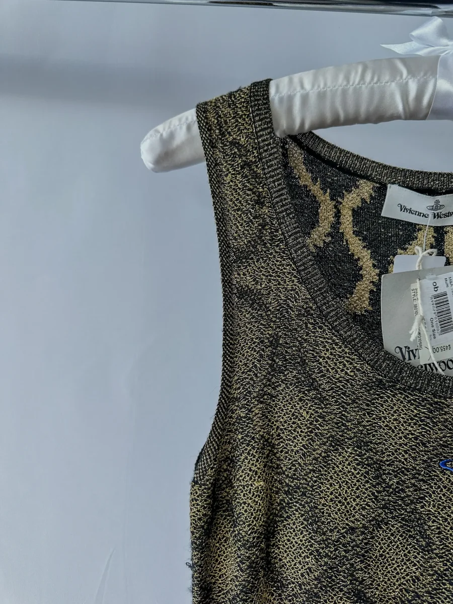 Vivienne Westwood Squiggle Print Knit Black Gold Metallic Mini Dress - Imagen 4