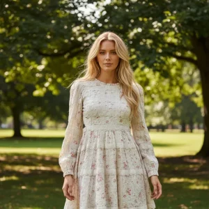 Needle & Thread Vintage Ditsy Sophia Long Sleeve Micro Mini Dress in Moonshine