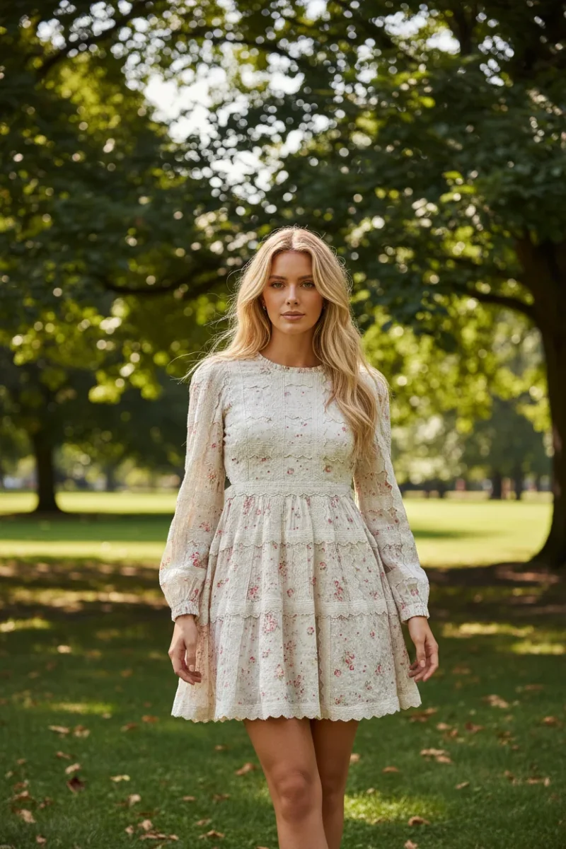 Needle & Thread Vintage Ditsy Sophia Long Sleeve Micro Mini Dress in Moonshine