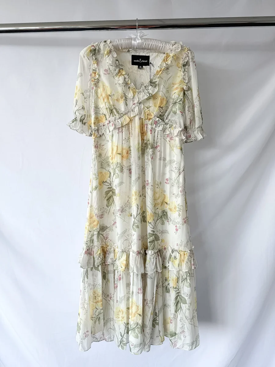 Needle & Thread Floral Rose Print Chiffon Ballerina Midi Dress - Imagen 6