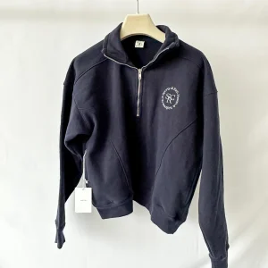Sporty & Rich Navy Logo Front Quarter Zip Sweatshirt