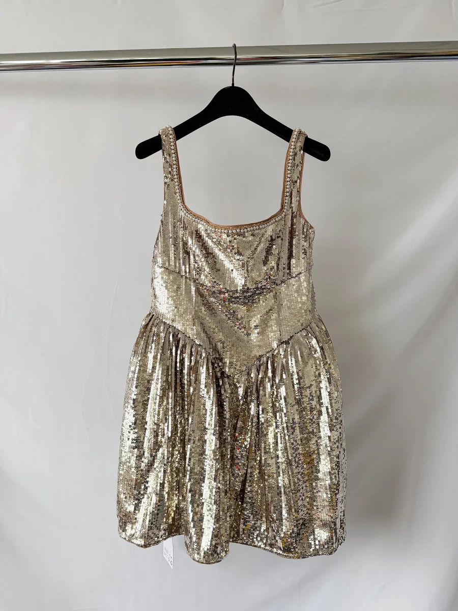 Self-Portrait x Disney Gold Sequin Pearl Detail Mini Dress - Imagen 3