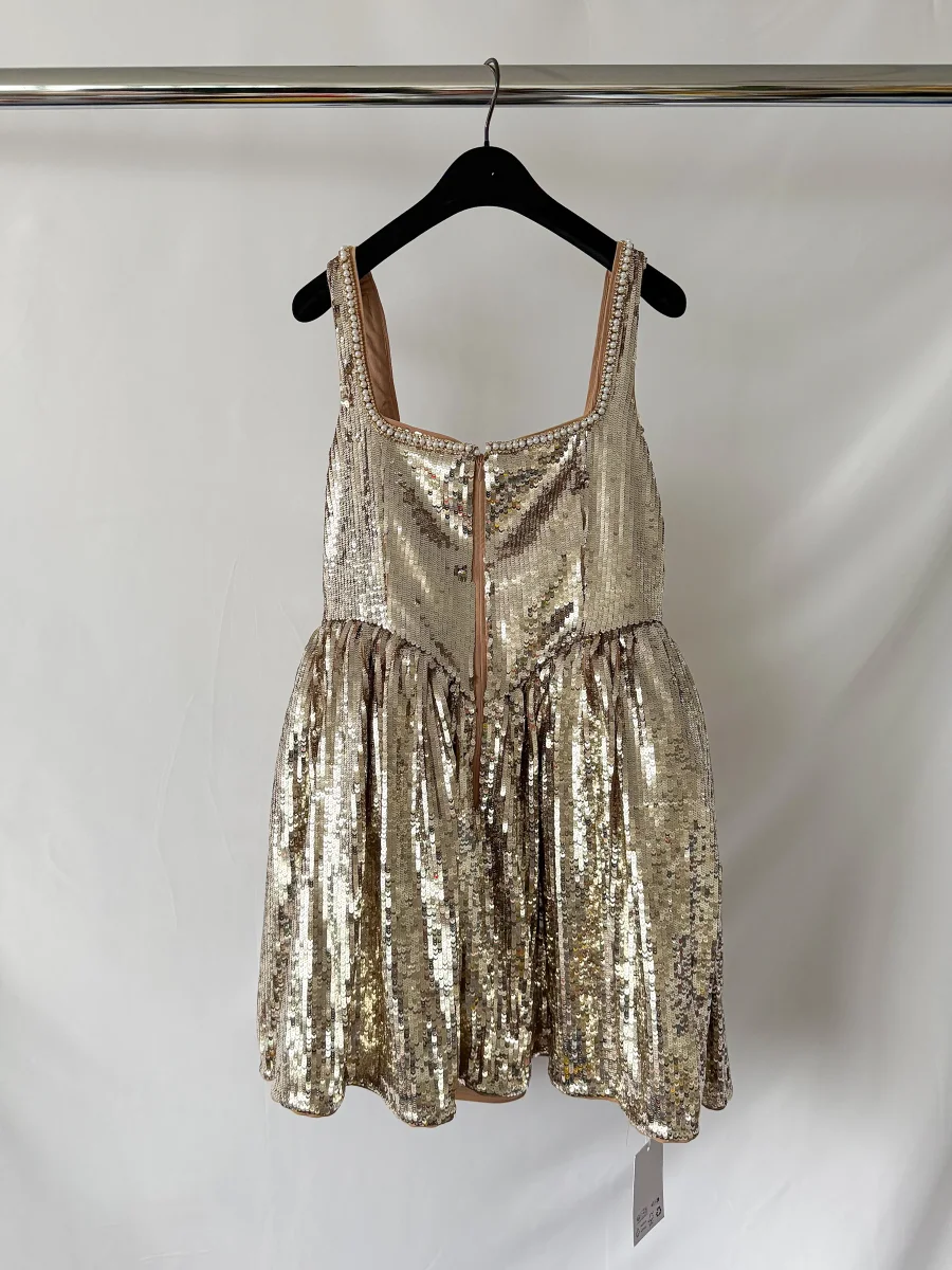 Self-Portrait x Disney Gold Sequin Pearl Detail Mini Dress - Imagen 5
